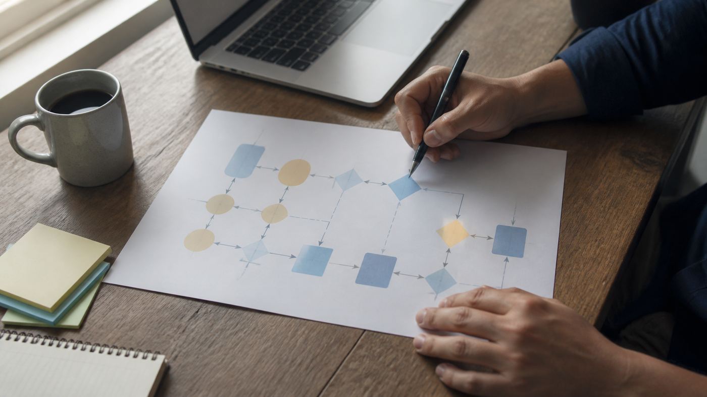 Diagrama de proceso dibujado a mano sobre el escritorio